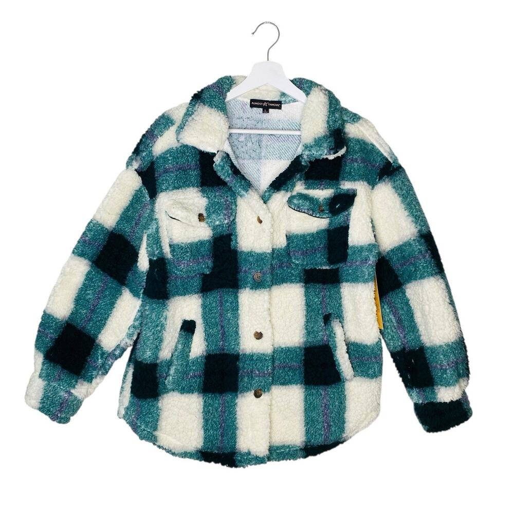 Almost Famous Jacket Large Sherpa Green Plaid Cropped Shacket Puff Utility Fuzzy